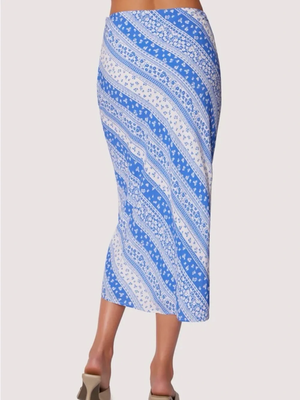 Blue and White Printed Halter Maxi Skirt With Side Zipper